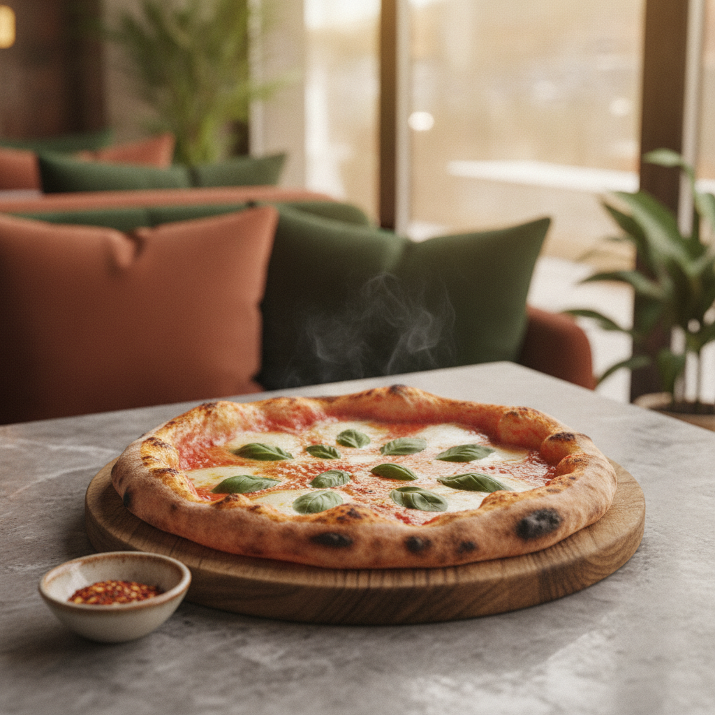 An inviting, warm cafe-pizzeria interior at dusk, featuring empty wooden tables, comfortable seating, and lush green plants, with soft, golden ambient lighting creating a cozy atmosphere throughout th