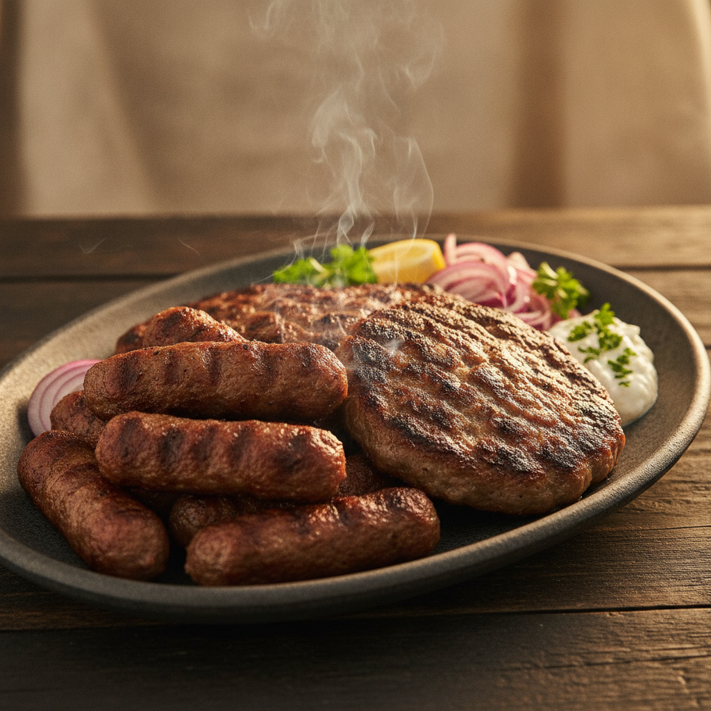 A meticulously arranged plate of sizzling grilled ćevapi and pljeskavica, fresh off the charcoal grill, with subtle smoke rising and a shallow depth of field, set on a dark, textured surface.