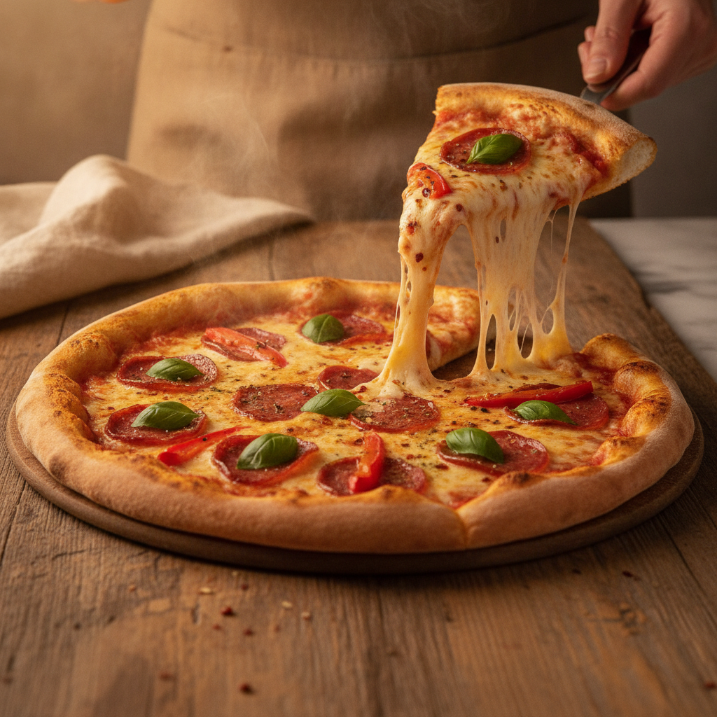 A large 32cm hot pizza, fresh from the oven, being gently placed onto a rustic wooden table, with one slice being lifted and the melted cheese stretching luxuriously, under warm ambient lighting.