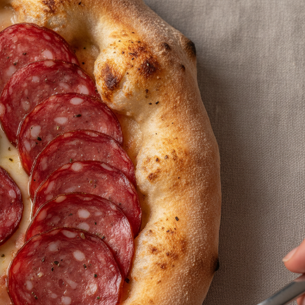 An extreme close-up macro shot of the bubbly, golden-brown edge of a pizza crust, revealing its intricate texture, alongside thin, vibrant slices of kulen sausage, under focused soft light.